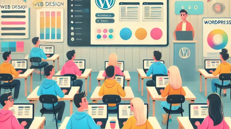 DALL·E 2025-04-08 20.30.41 – A beginner-friendly web design class focused on WordPress. Cozy classroom setting with students sitting at desks using laptops. A large screen at the DALL·E 2025-04-08 20.30.41 - A beginner-friendly web design class focused on WordPress. Cozy classroom setting with students sitting at desks using laptops. A large screen at the